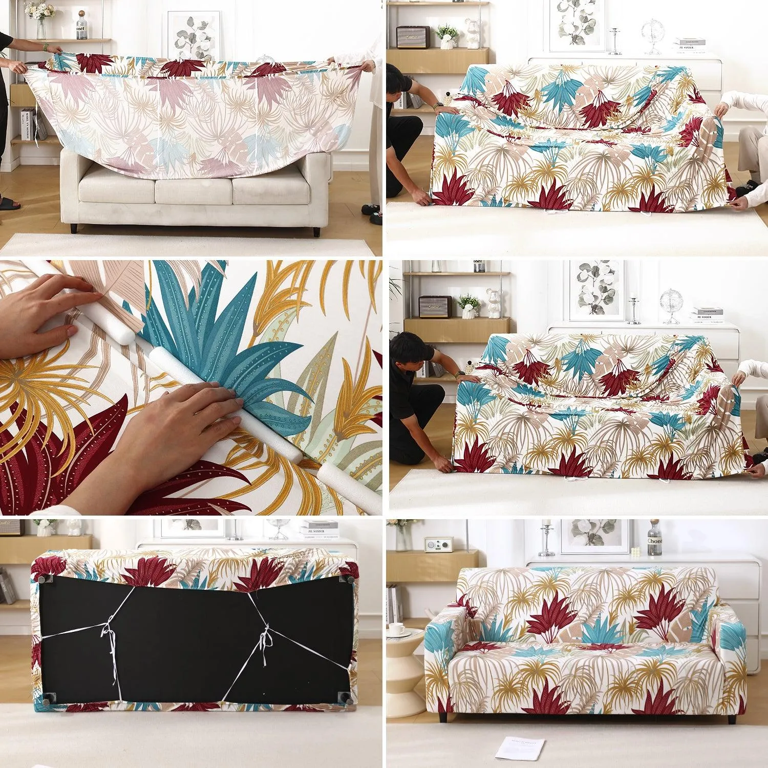 Cane Beige Ferns Printed Elastic Sofa Cover