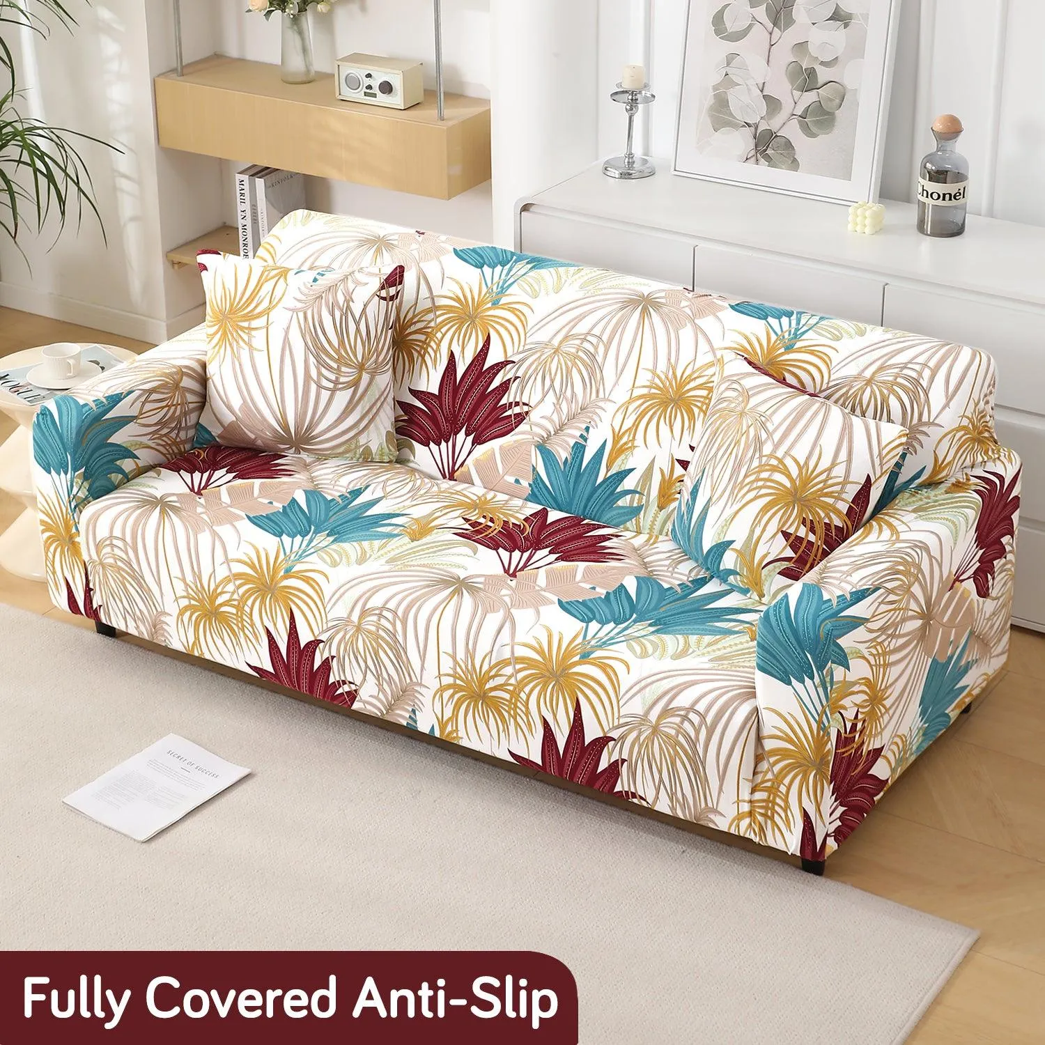 Cane Beige Ferns Printed Elastic Sofa Cover