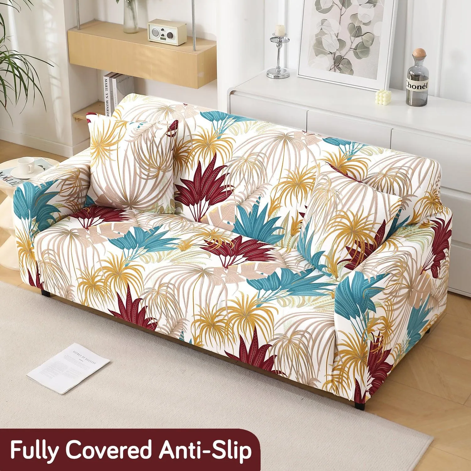 Cane Beige Ferns Printed Elastic Sofa Cover