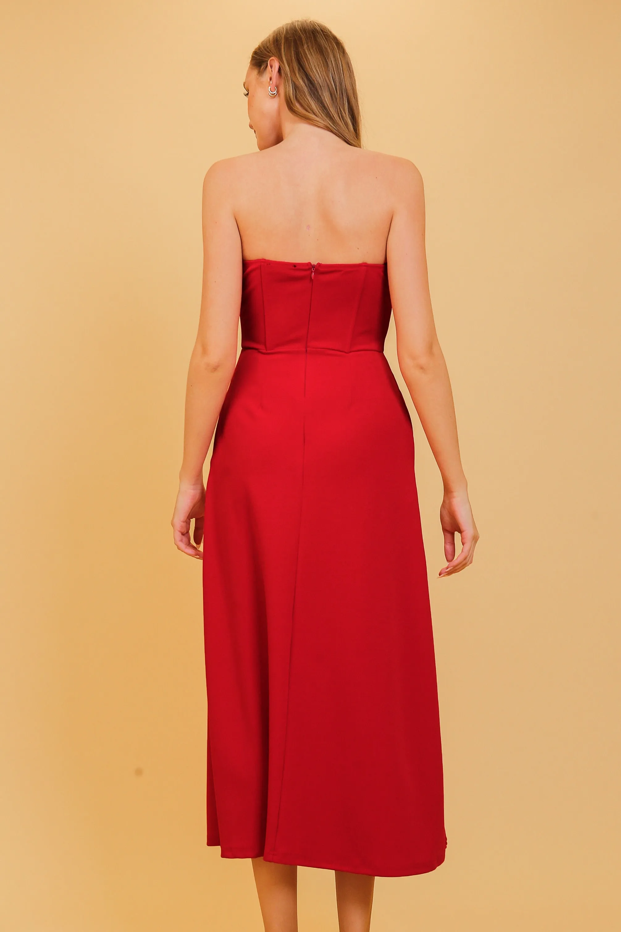 Cataleya Strapeless Red Corset Midi Dress