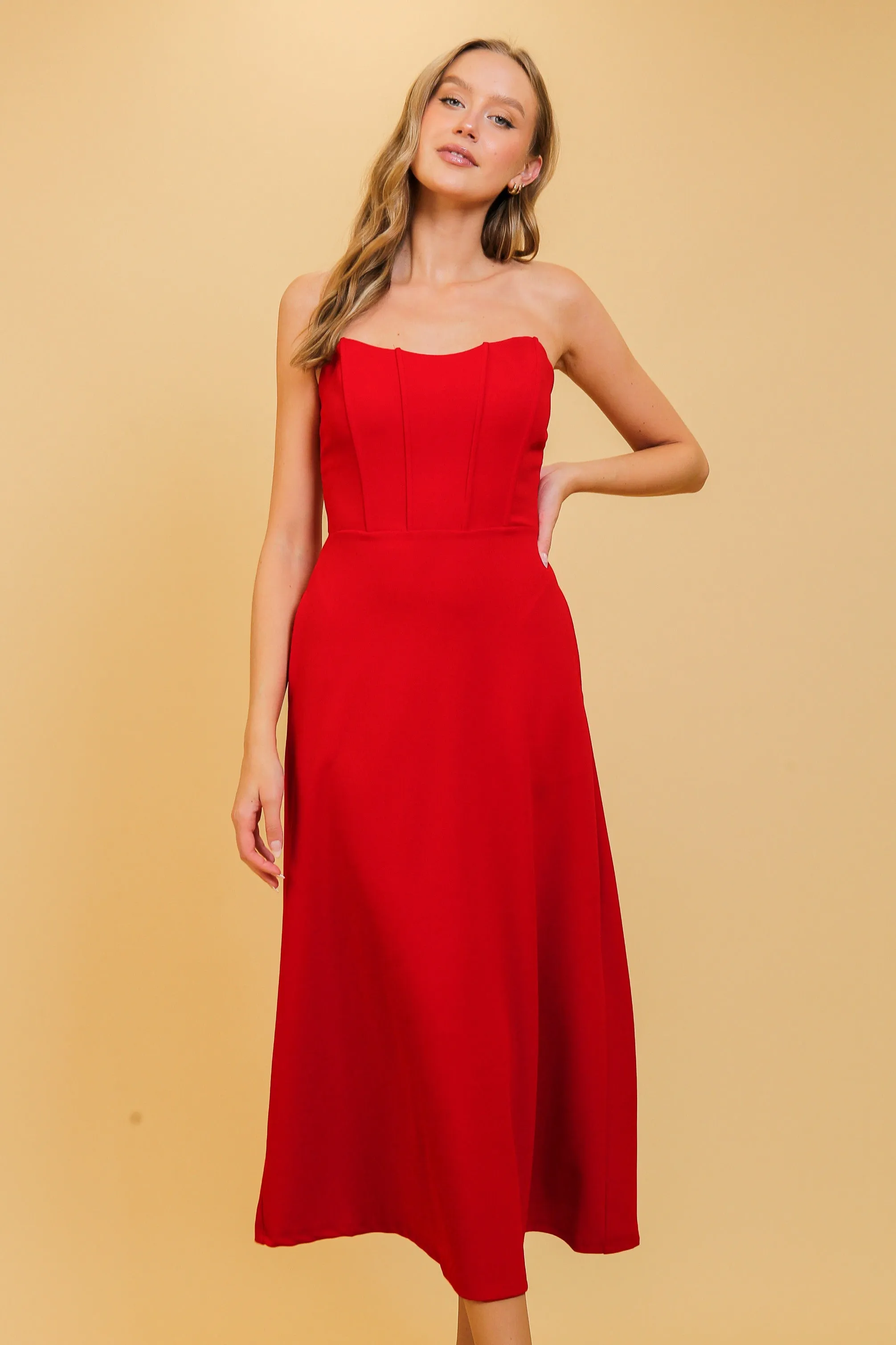 Cataleya Strapeless Red Corset Midi Dress