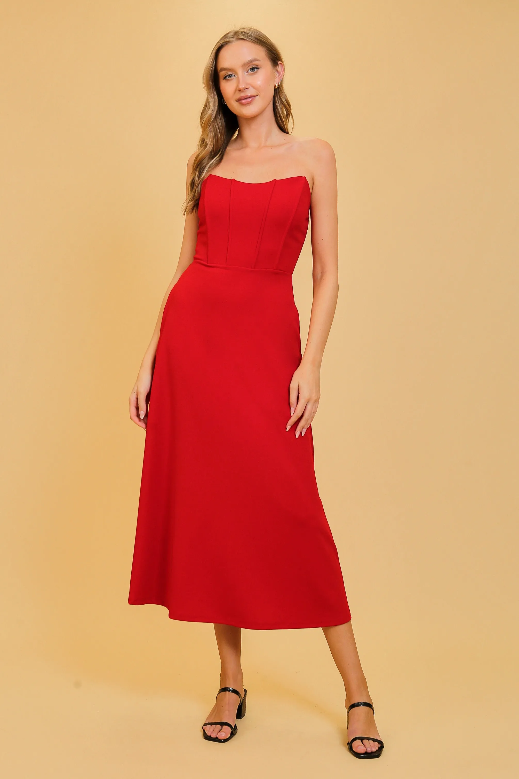 Cataleya Strapeless Red Corset Midi Dress