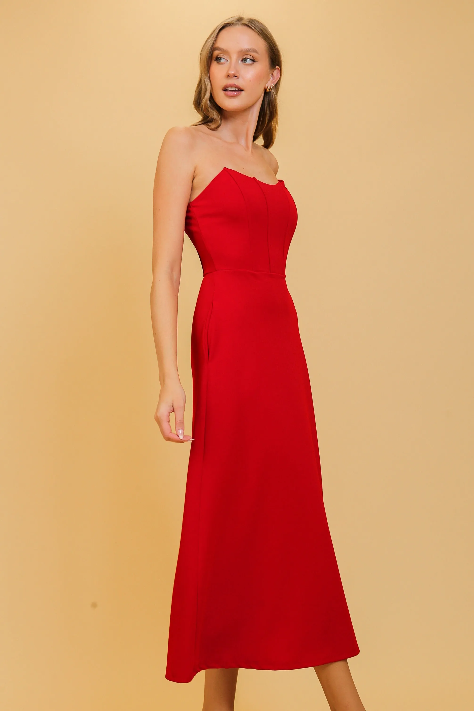 Cataleya Strapeless Red Corset Midi Dress