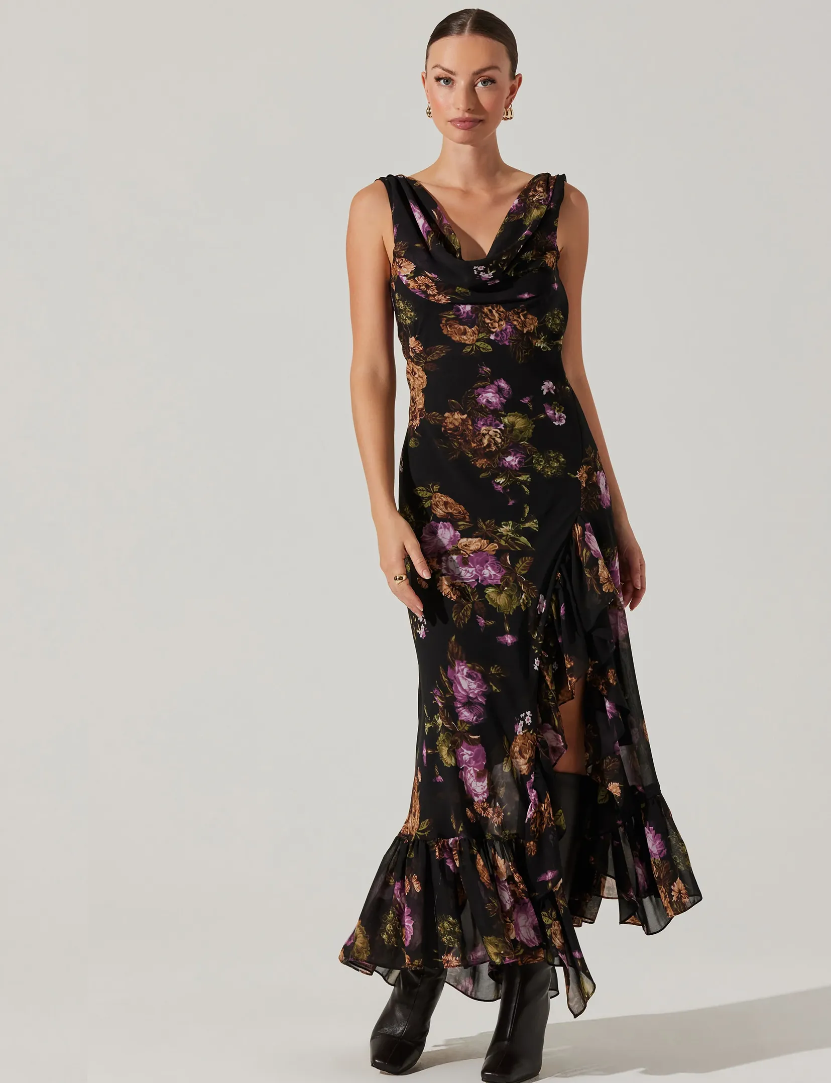 Cecilia Dress, Black/Purple/Floral