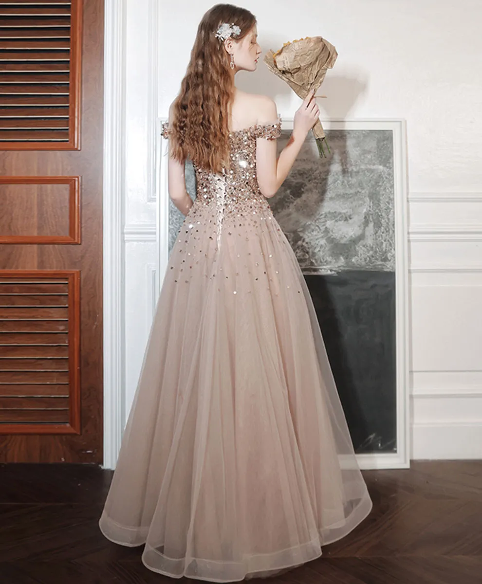 Champagne A line Long Prom Dress, Off Shoulder Champagne Formal Dress with Beading Sequin