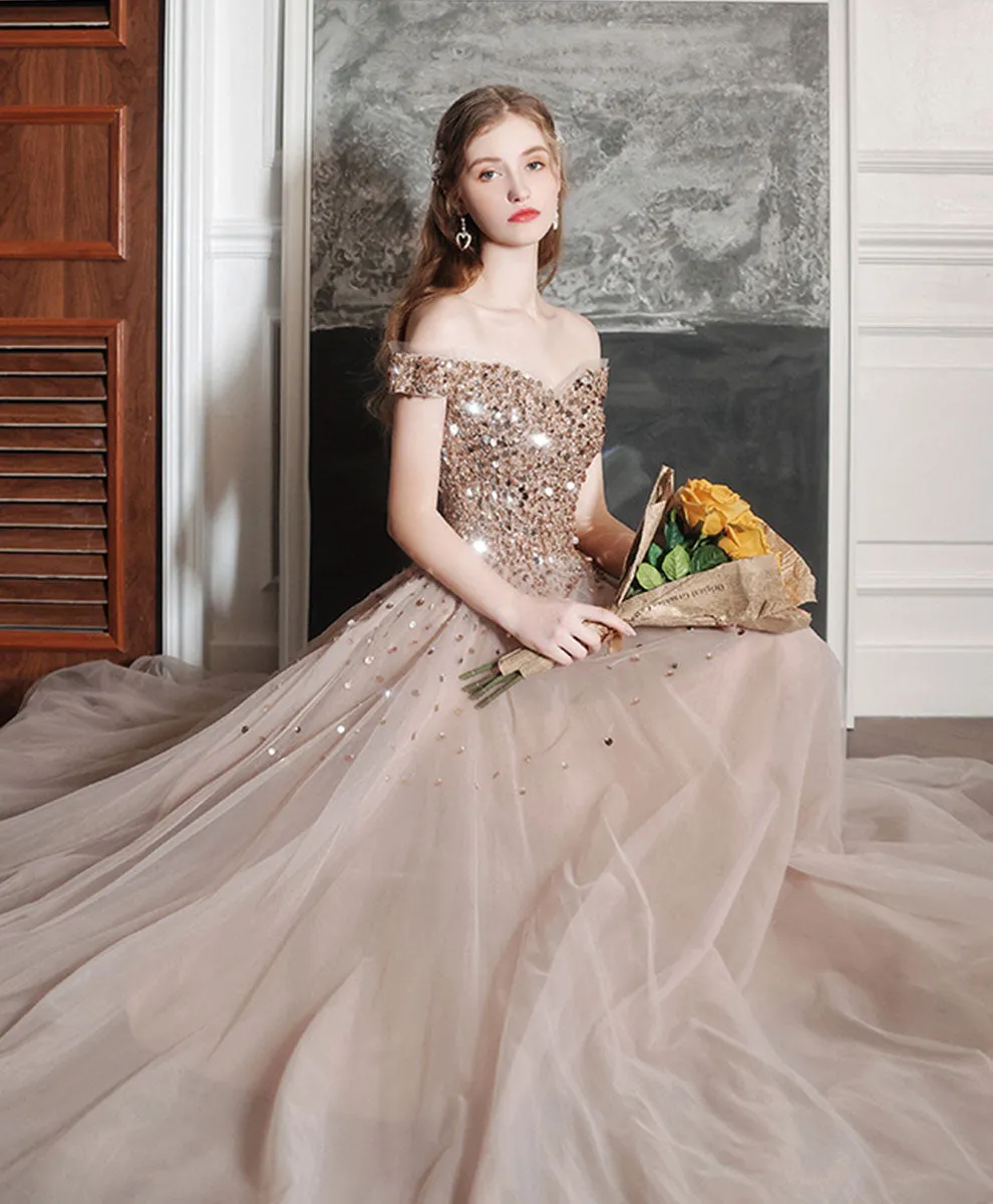 Champagne A line Long Prom Dress, Off Shoulder Champagne Formal Dress with Beading Sequin