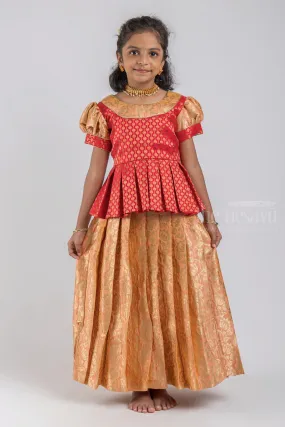 Charming Red Floral Designer Pleated Skirt And Beige Pleated Pattu Pavadai For Girls