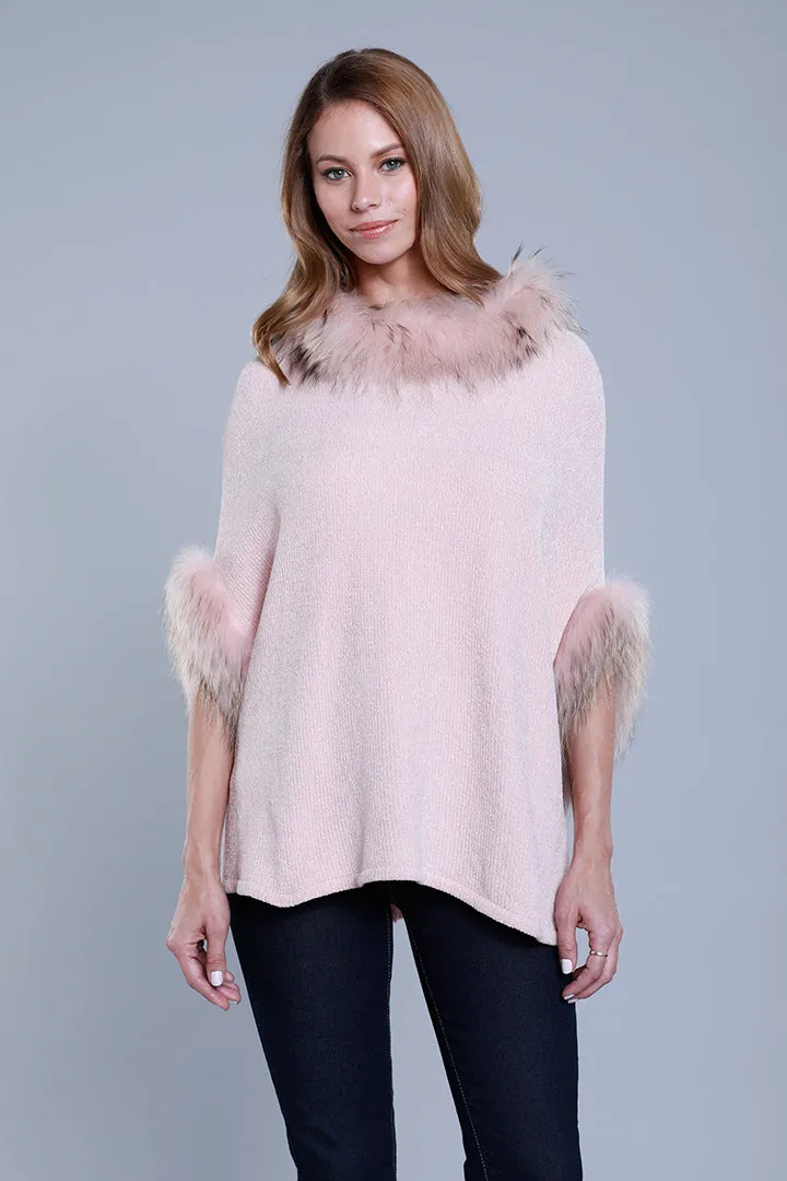 Chenille Poncho with Fur Trim