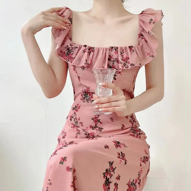 Chic Vintage Flouncing Square Collar Floral Print Slip Dress