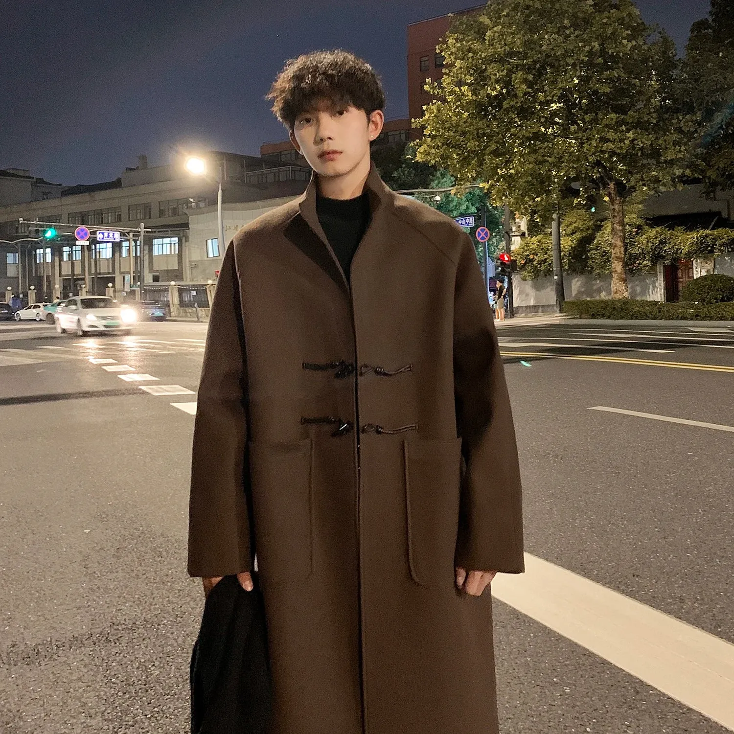 Chicmy-Autumn Winter Men Horn Button Woolen Coat Mid Length Stand Collar Trench Coat Solid Color Big Pocket Overcoat Streetwear