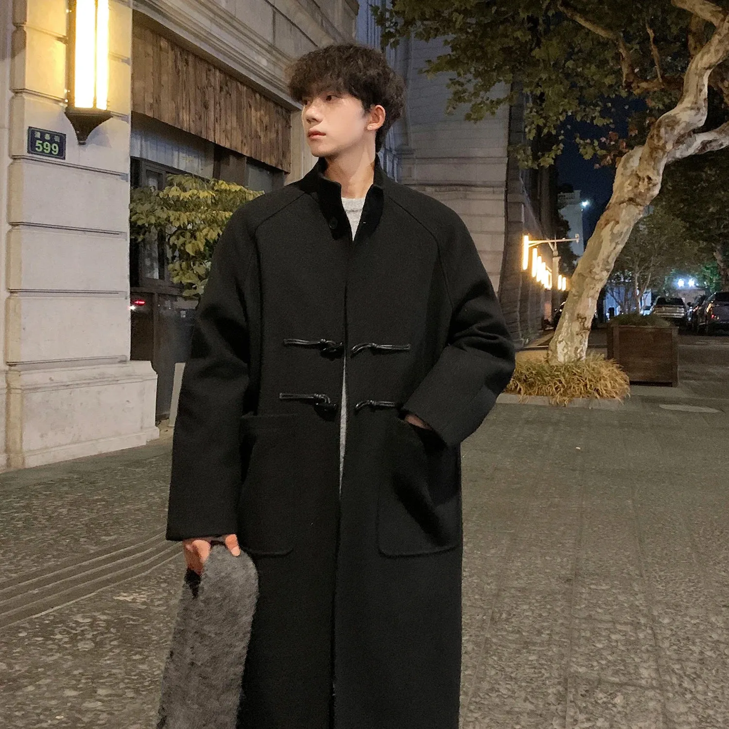 Chicmy-Autumn Winter Men Horn Button Woolen Coat Mid Length Stand Collar Trench Coat Solid Color Big Pocket Overcoat Streetwear