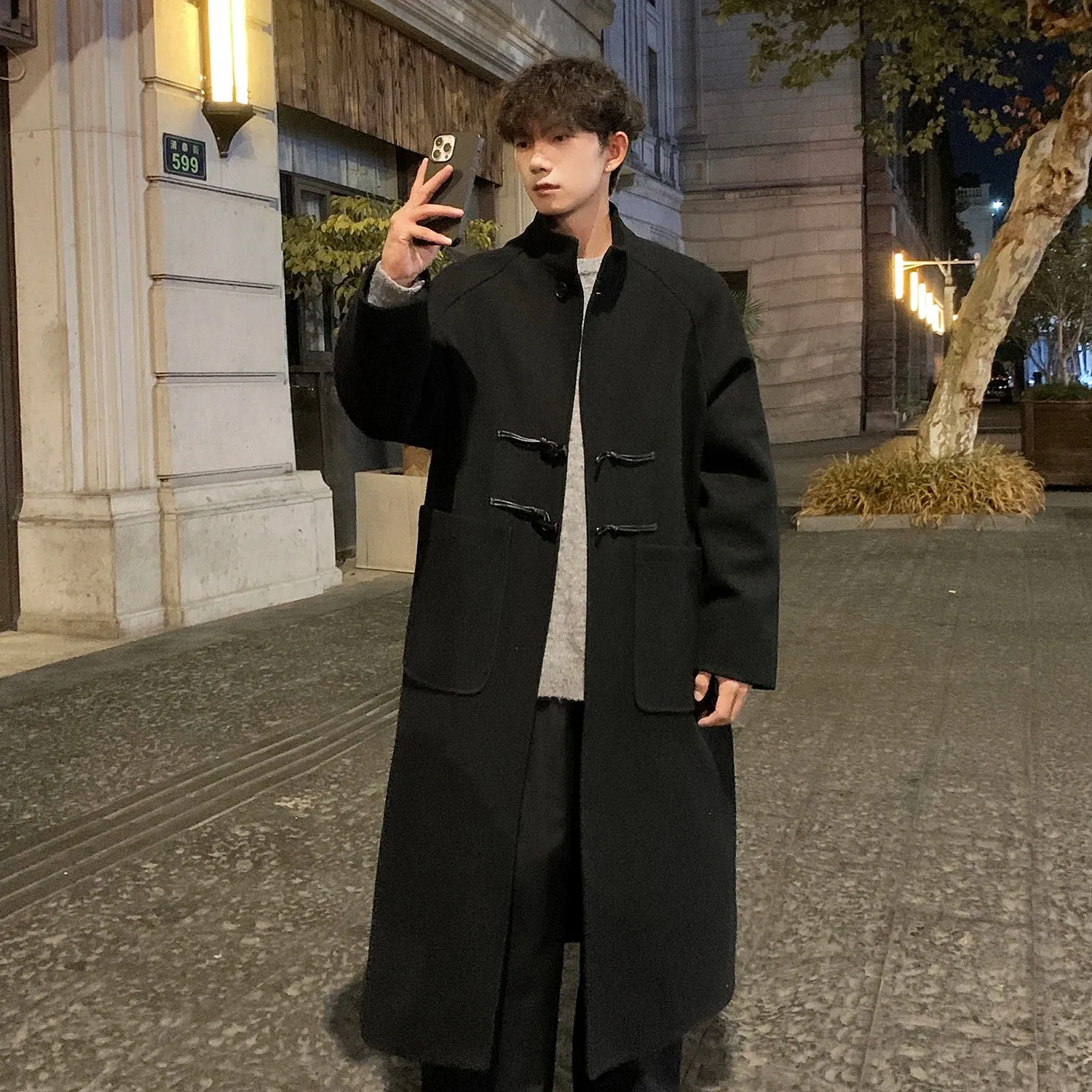 Chicmy-Autumn Winter Men Horn Button Woolen Coat Mid Length Stand Collar Trench Coat Solid Color Big Pocket Overcoat Streetwear