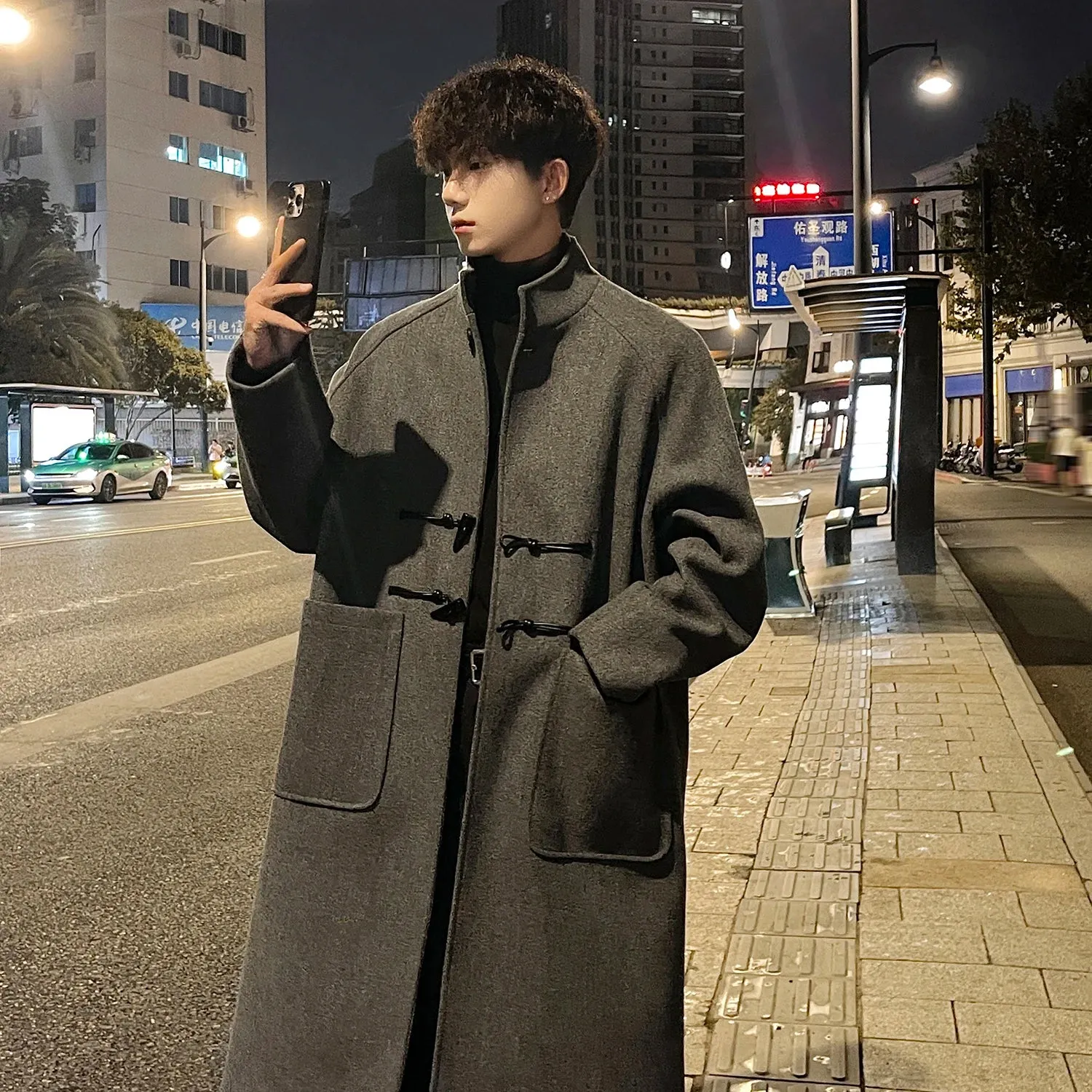 Chicmy-Autumn Winter Men Horn Button Woolen Coat Mid Length Stand Collar Trench Coat Solid Color Big Pocket Overcoat Streetwear