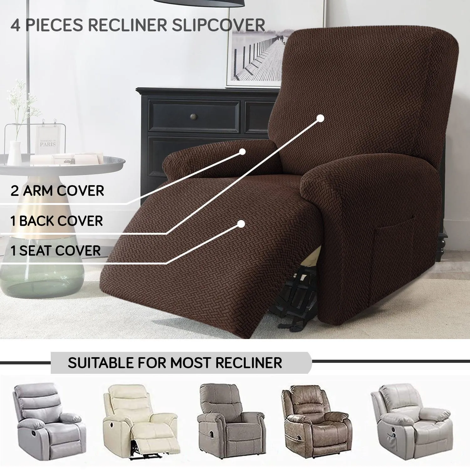 Chocolate Brown Jacquard Recliner Sofa Cover | Non-Slip & Full Fitted