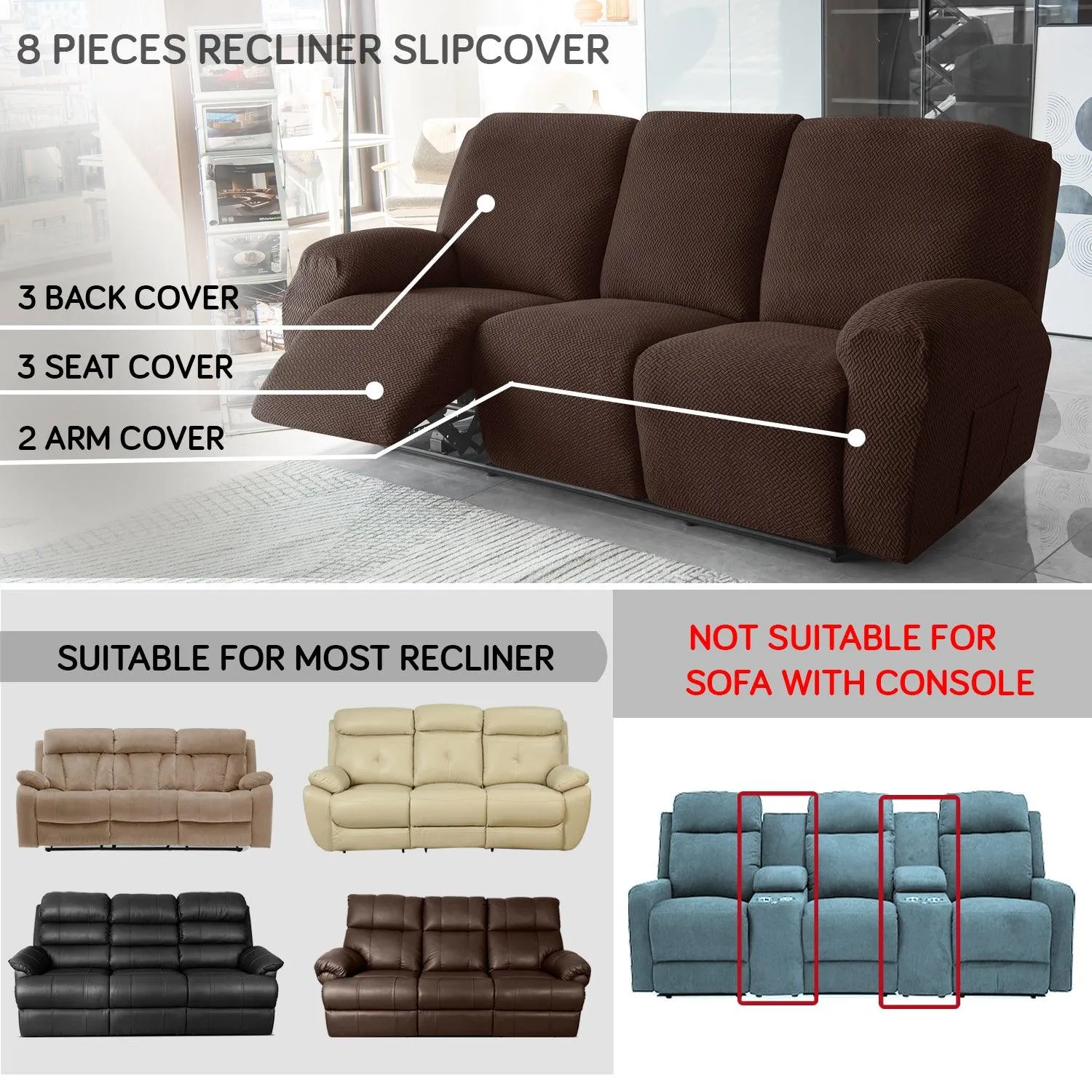 Chocolate Brown Jacquard Recliner Sofa Cover | Non-Slip & Full Fitted