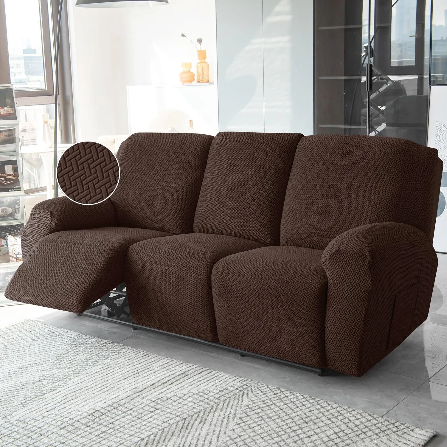 Chocolate Brown Jacquard Recliner Sofa Cover | Non-Slip & Full Fitted