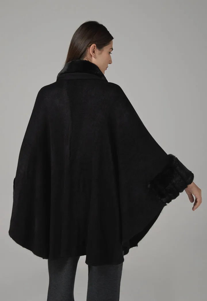 Choice Faux Fur Collar Poncho Black