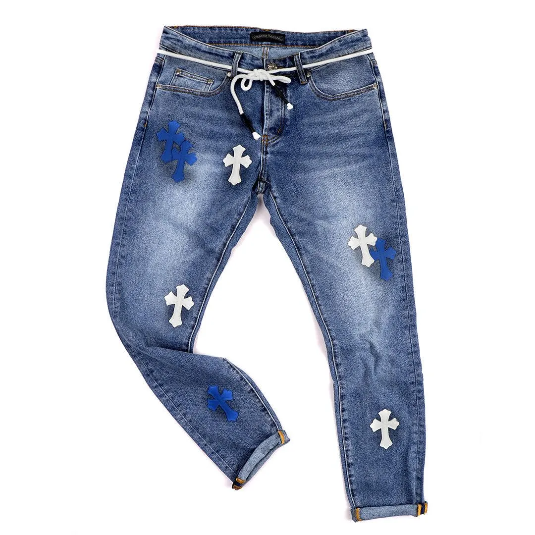 C.L Hearts Leather Cross Patch Denim Jeans -Blue