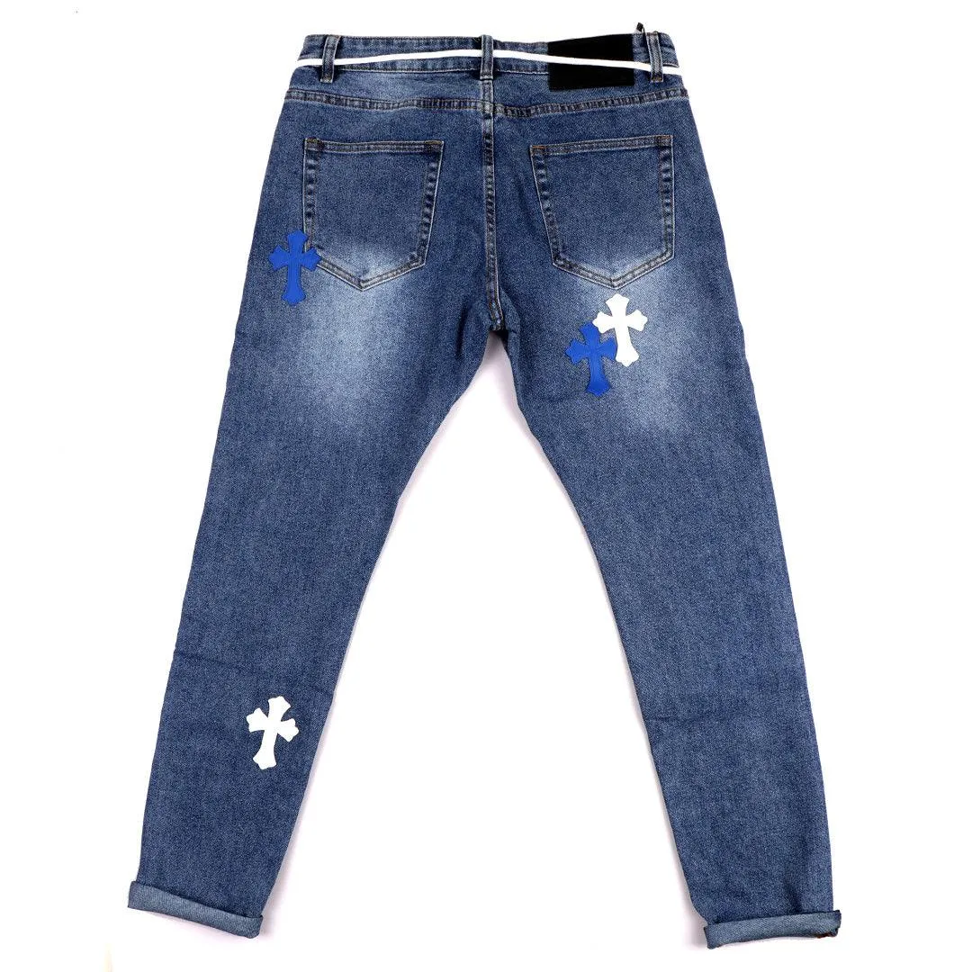 C.L Hearts Leather Cross Patch Denim Jeans -Blue