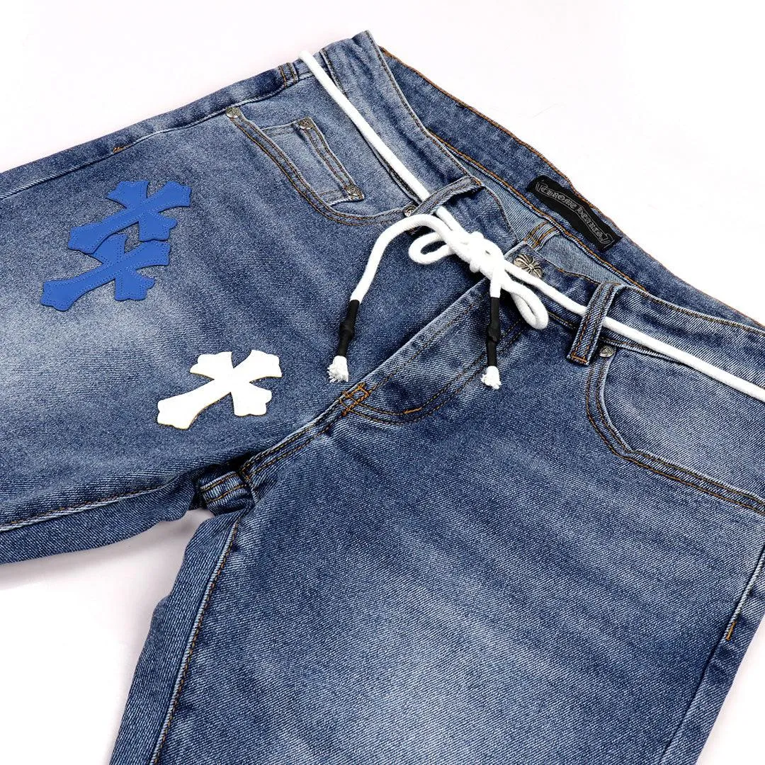 C.L Hearts Leather Cross Patch Denim Jeans -Blue