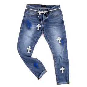 C.L Hearts Leather Cross Patch Denim Jeans -Blue