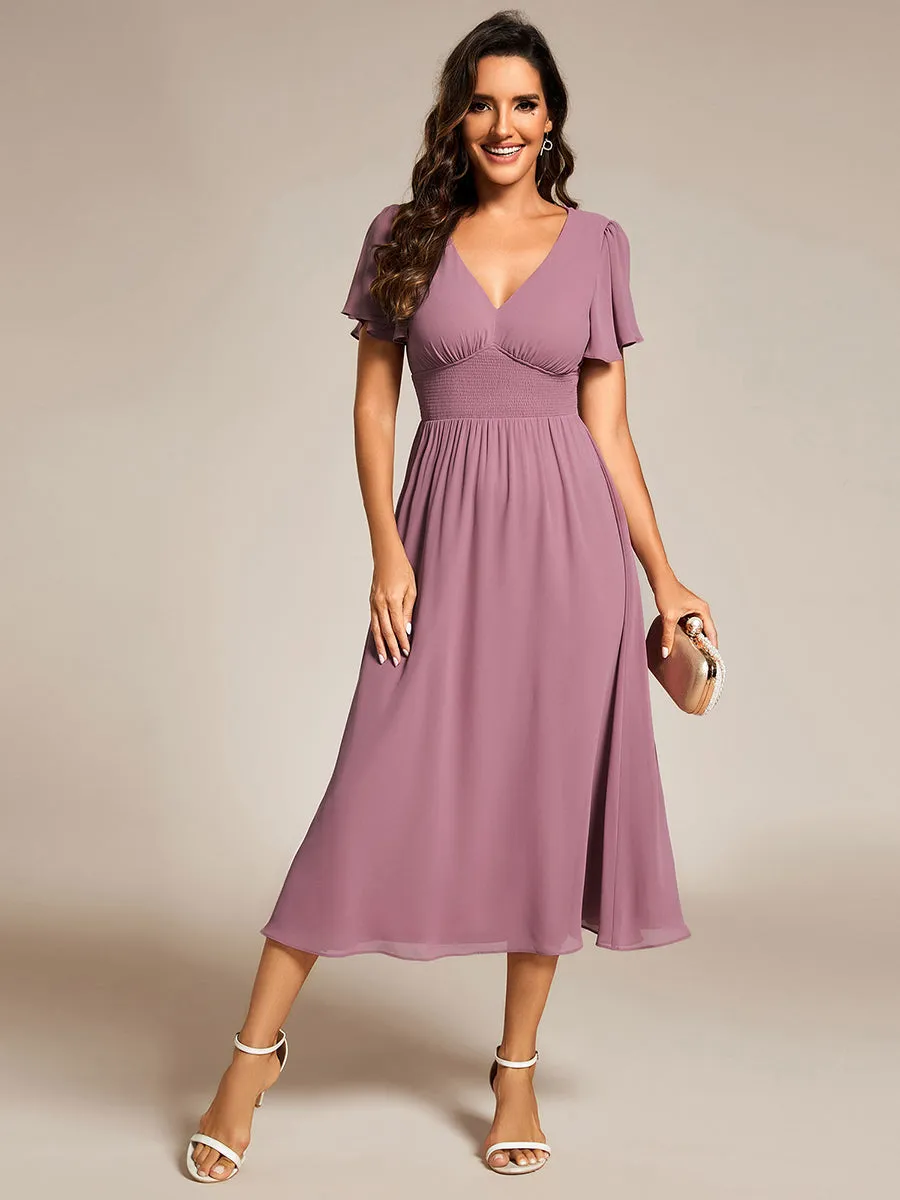 Classical Ruffles Sleeve Ruched Empire Waist Midi Length Chiffon Dresses with Lining