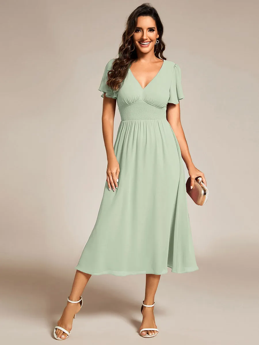 Classical Ruffles Sleeve Ruched Empire Waist Midi Length Chiffon Dresses with Lining