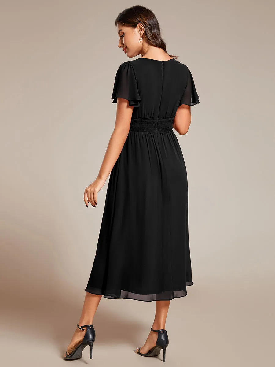 Classical Ruffles Sleeve Ruched Empire Waist Midi Length Chiffon Dresses with Lining