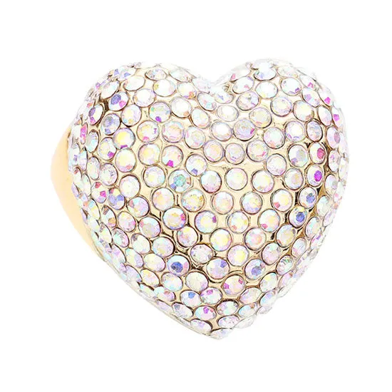 Colorful Heart Crystal Rhinestone Pave Stretchable Ring