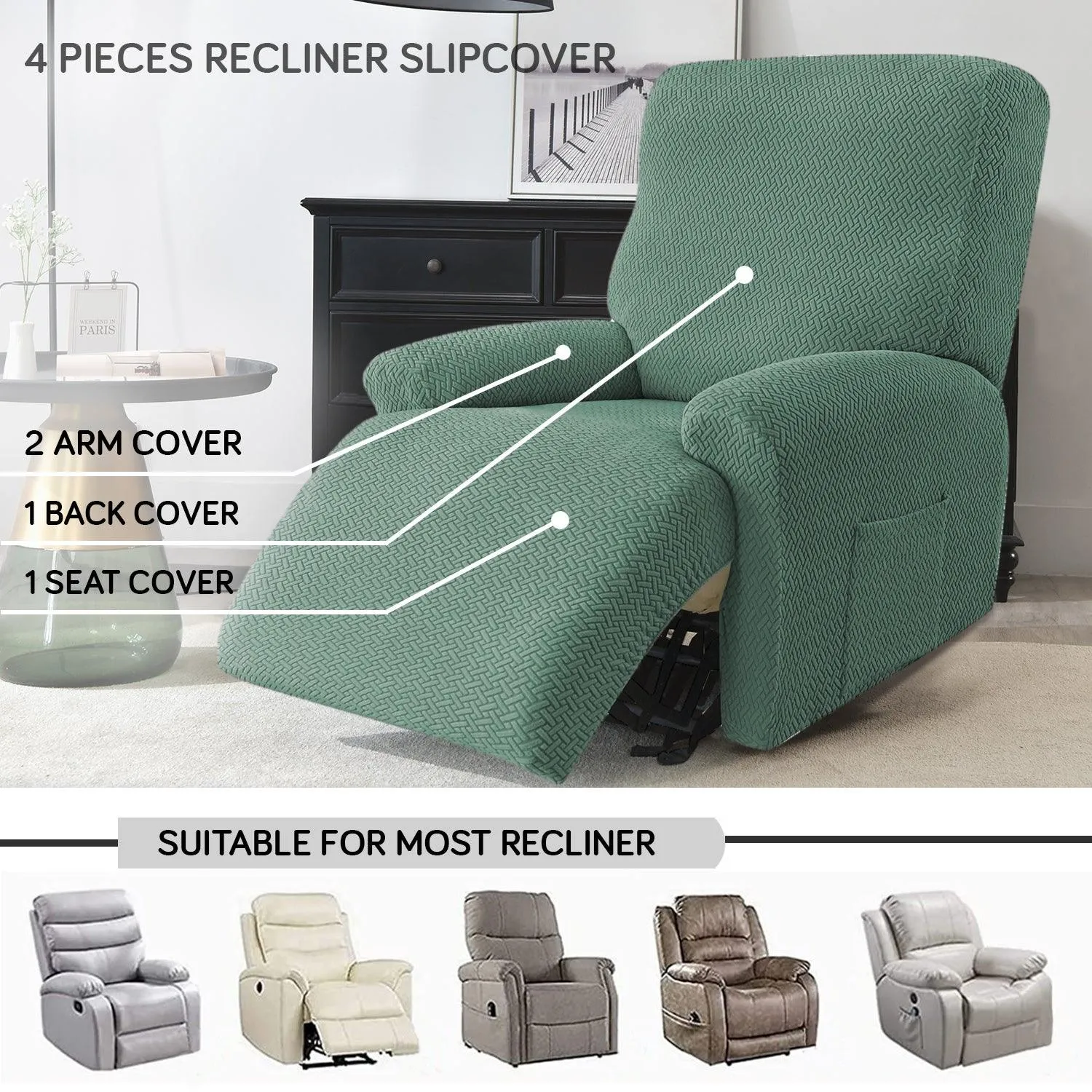 Continental Green Elastic Jacquard Recliner Sofa Cover | Stretchable & Anti Slip