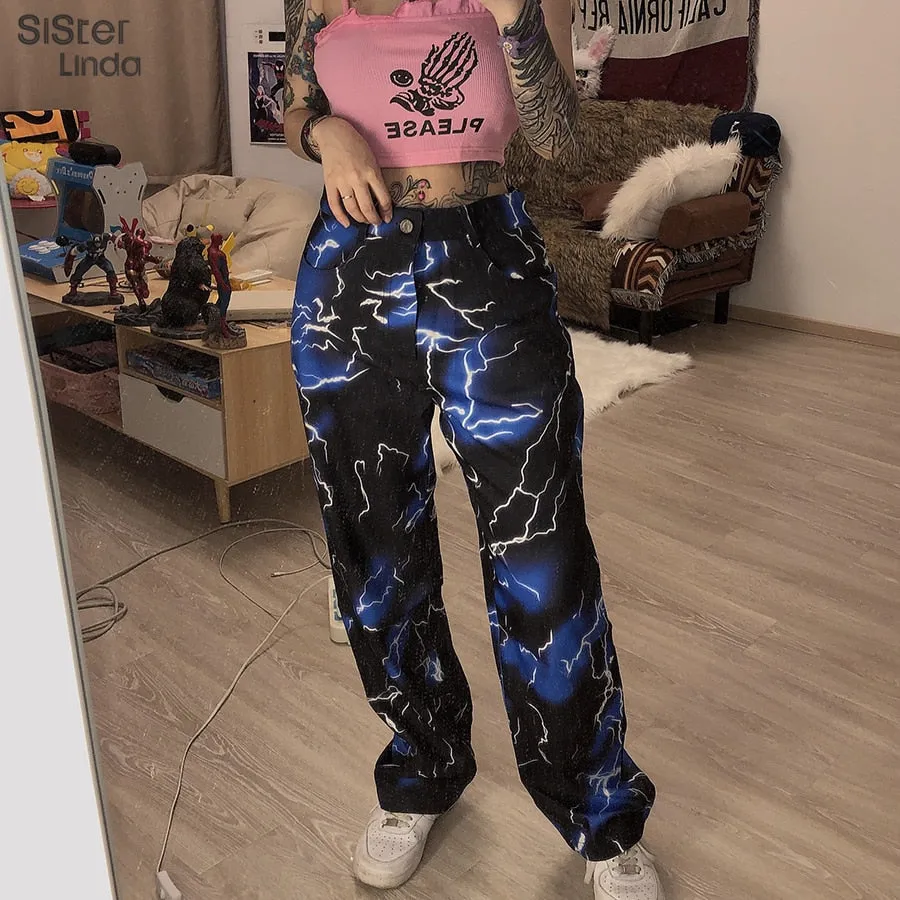 Cool Loose High Waist Pockets Print Wide Leg Pants