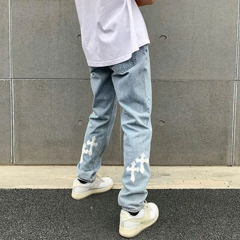 Cross street fashion straight-leg denim trousers