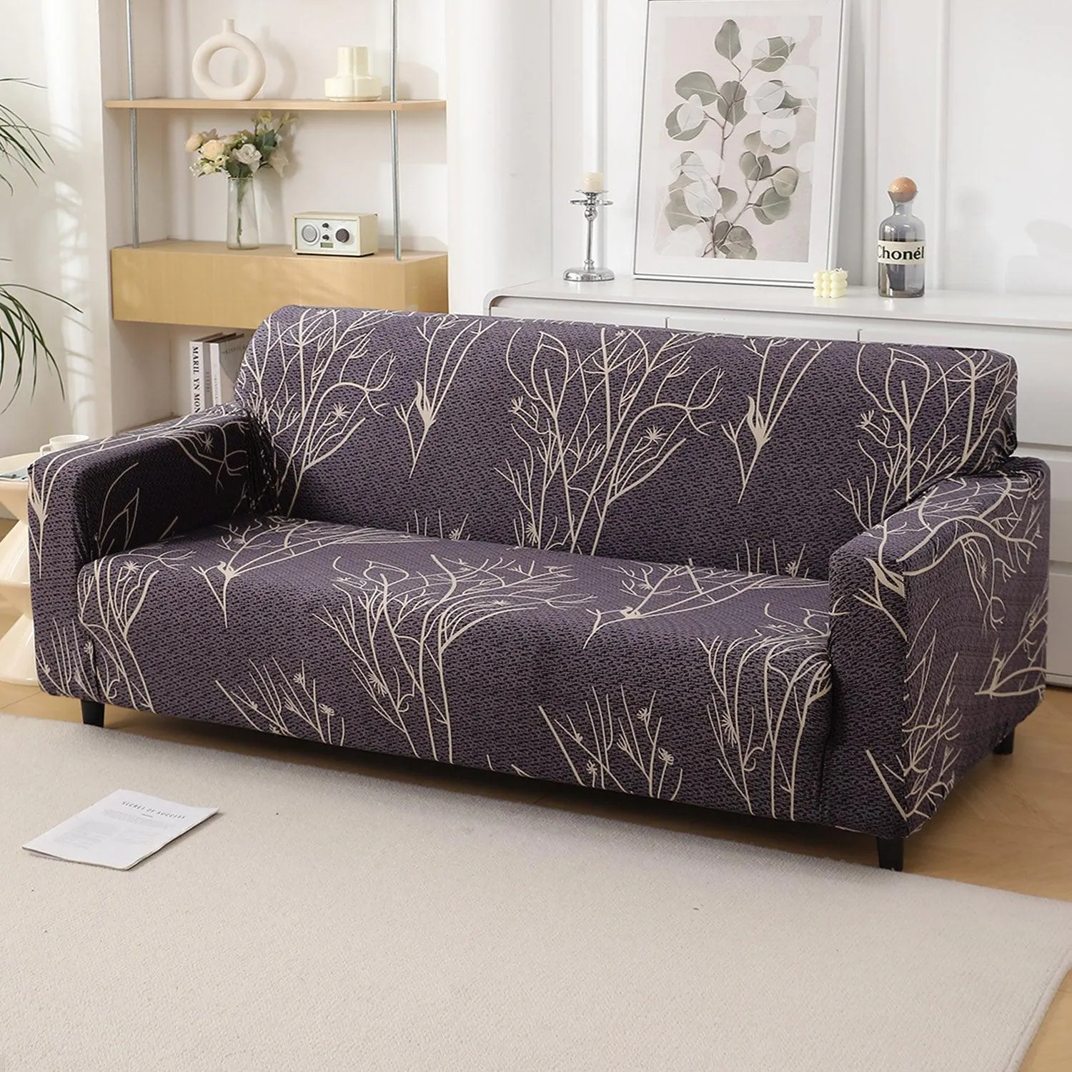 Dark Coffee Twigs Printed Elastic Sofa Cover