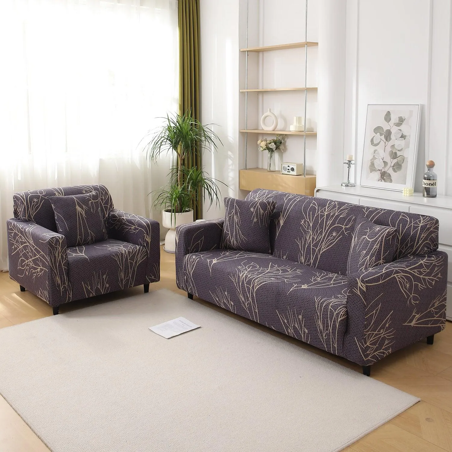 Dark Coffee Twigs Printed Elastic Sofa Cover