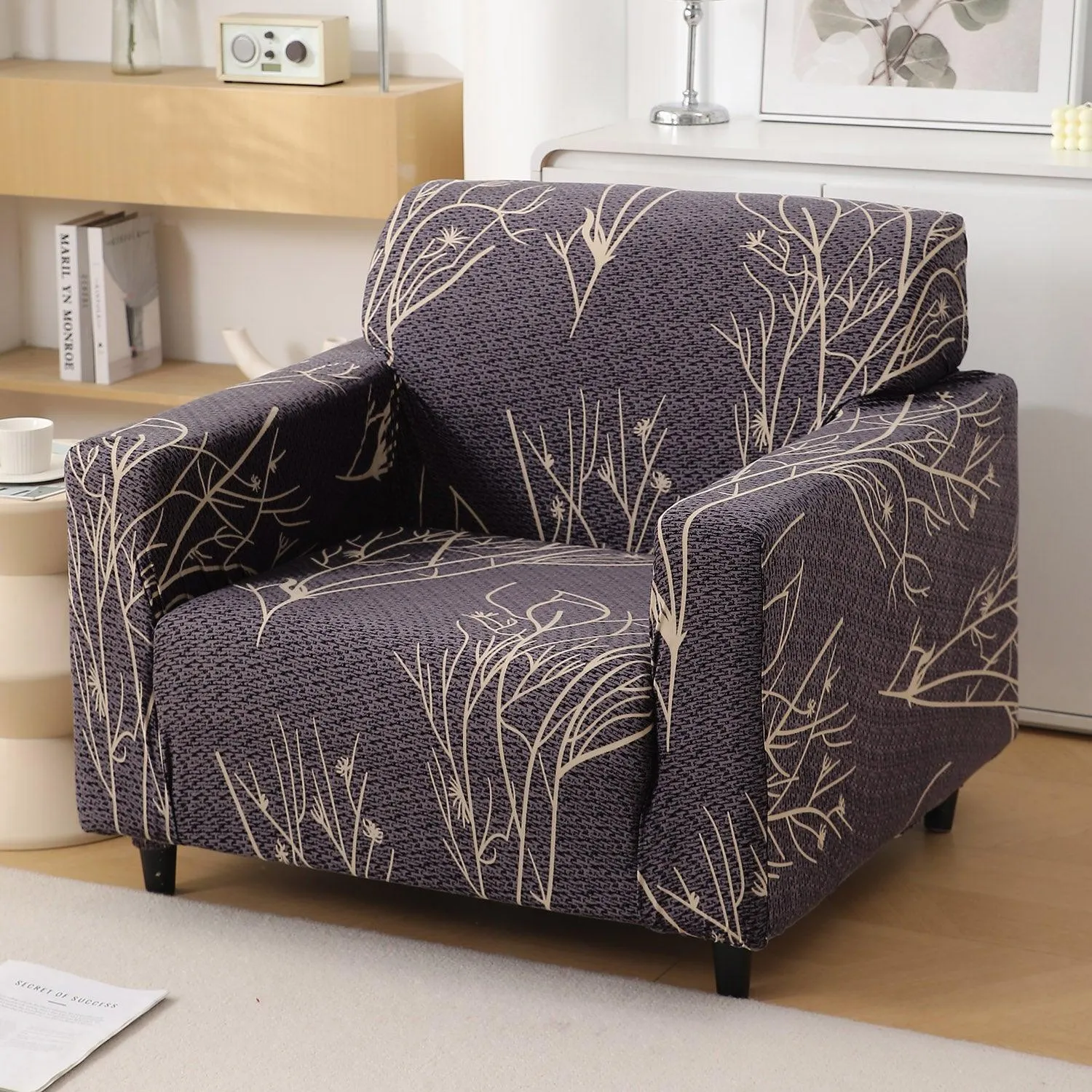 Dark Coffee Twigs Printed Elastic Sofa Cover