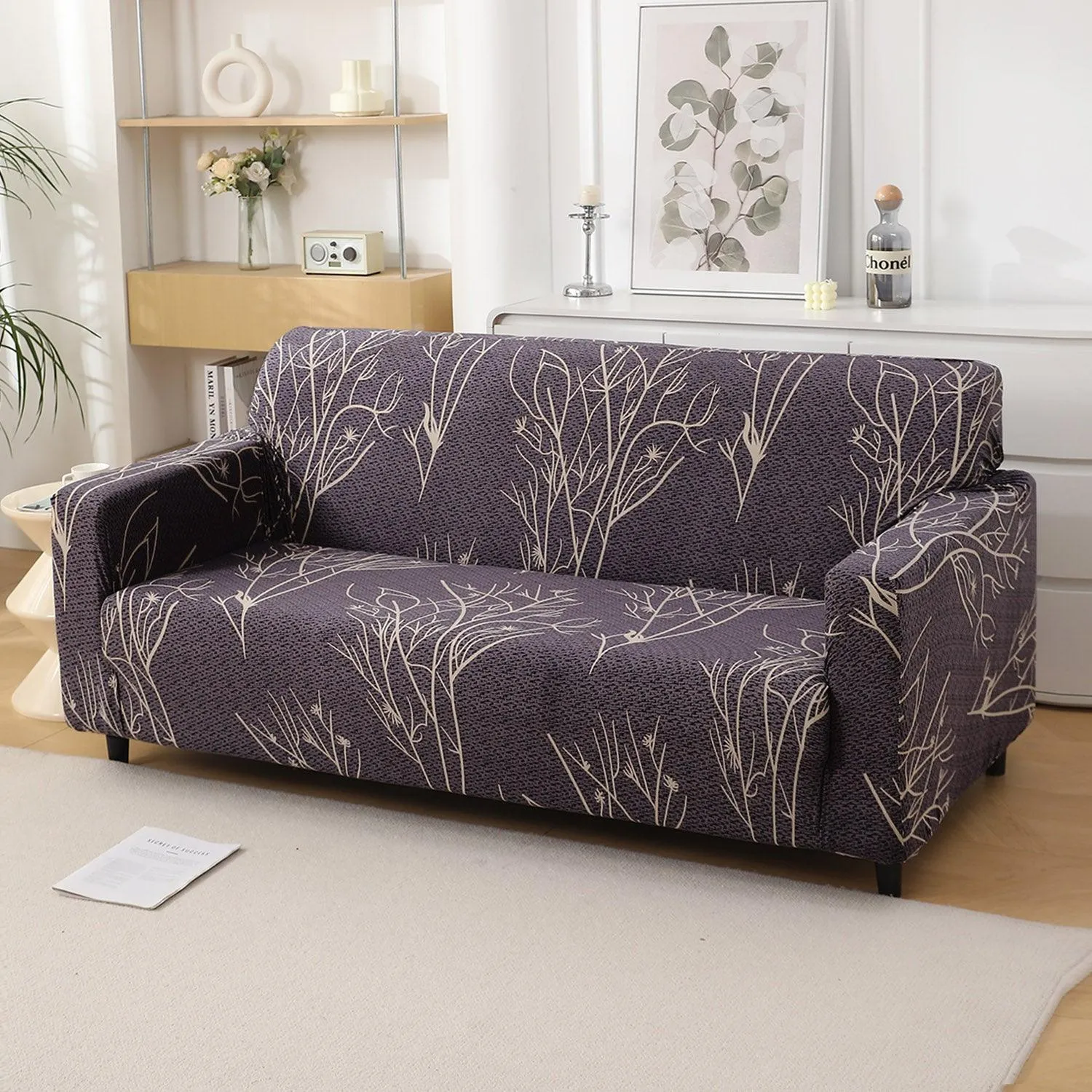 Dark Coffee Twigs Printed Elastic Sofa Cover