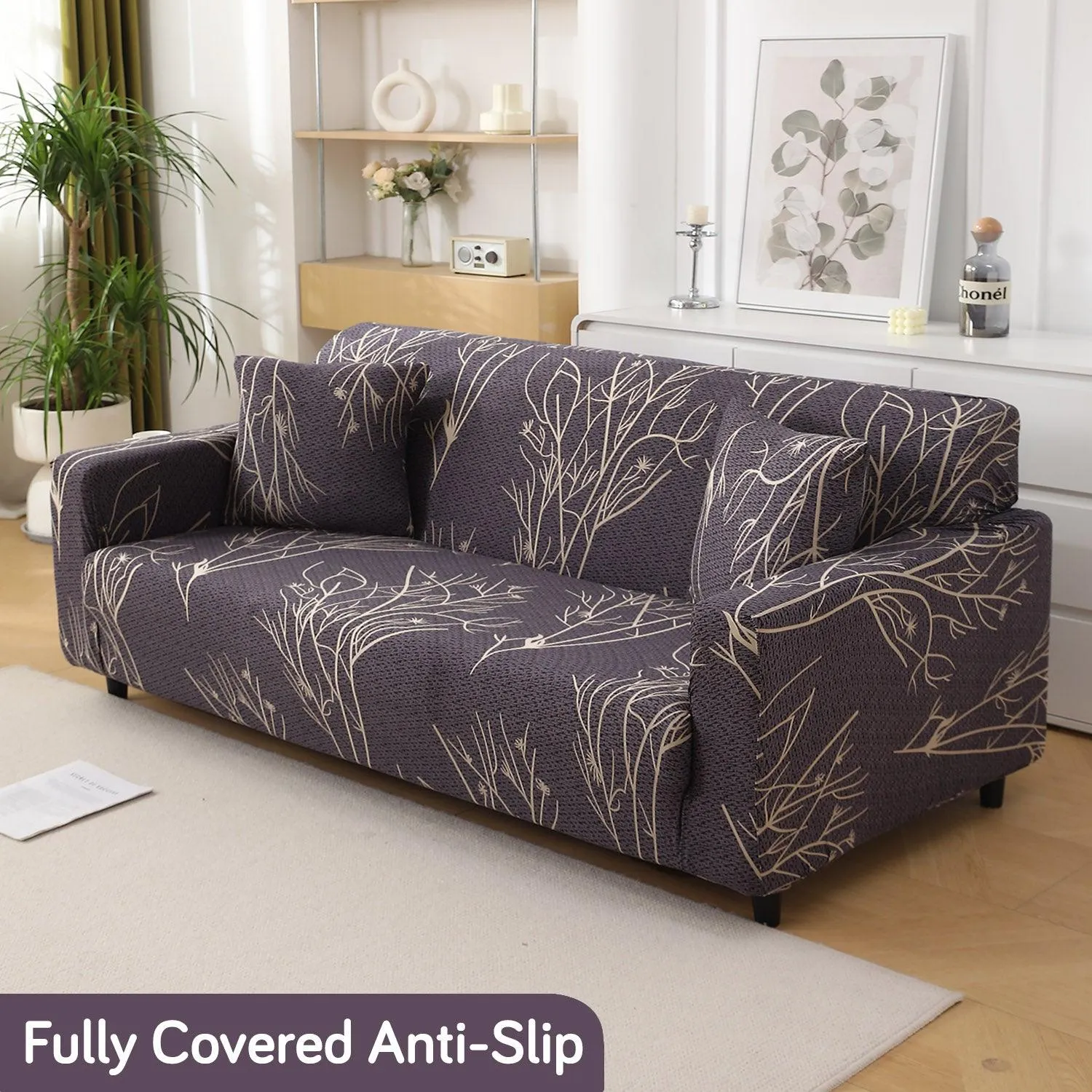 Dark Coffee Twigs Printed Elastic Sofa Cover