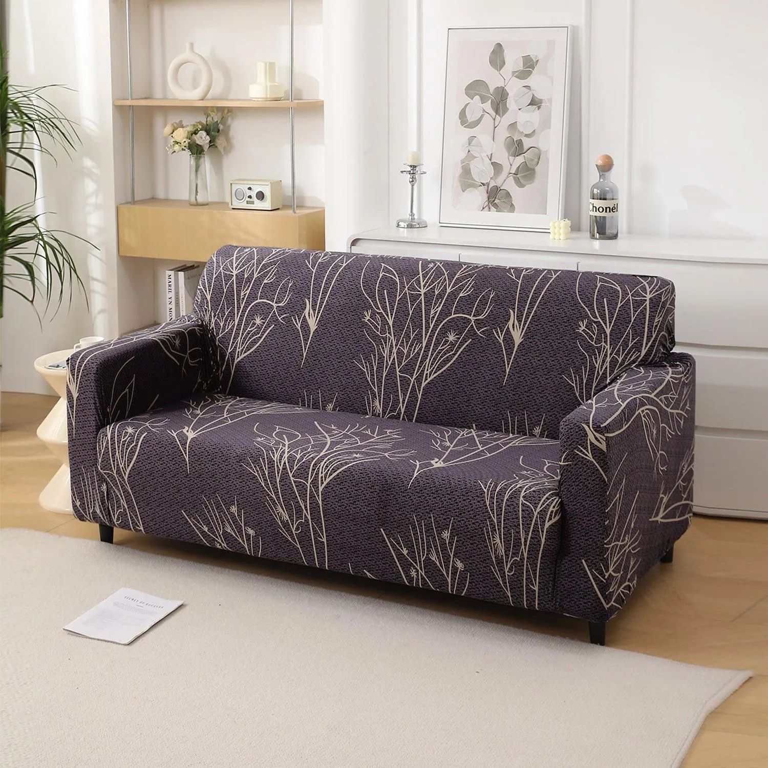 Dark Coffee Twigs Printed Elastic Sofa Cover