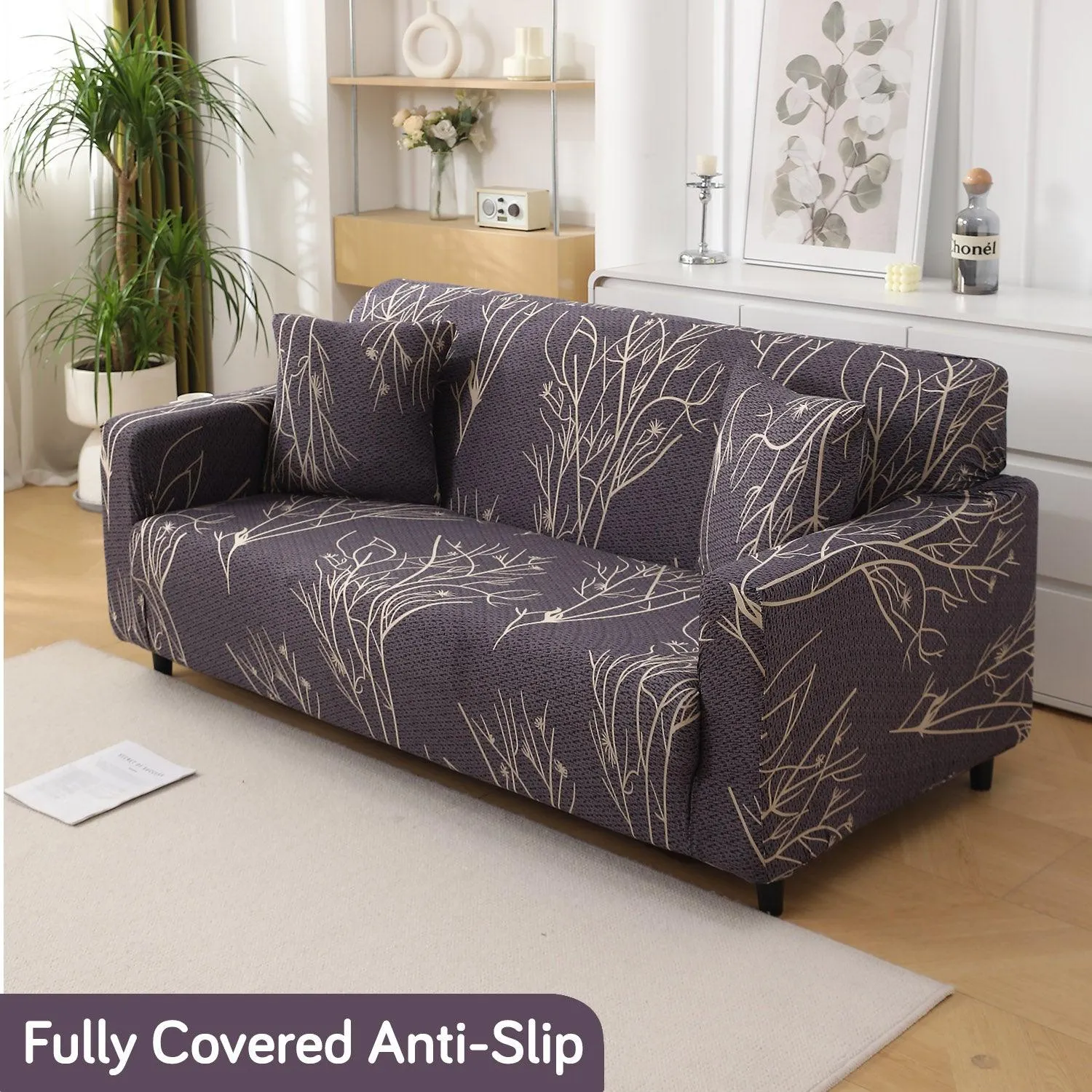 Dark Coffee Twigs Printed Elastic Sofa Cover