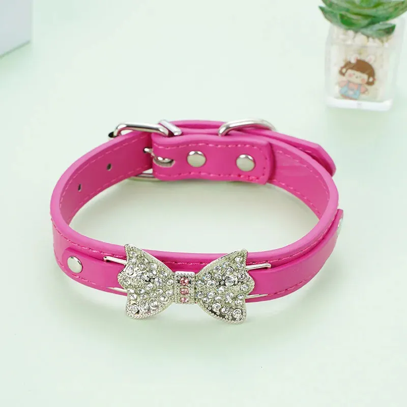 Diamond Studded Bowtie Leather Dog Collar - Adjustable Luxury Collars for Small and Medium Dogs & Cats