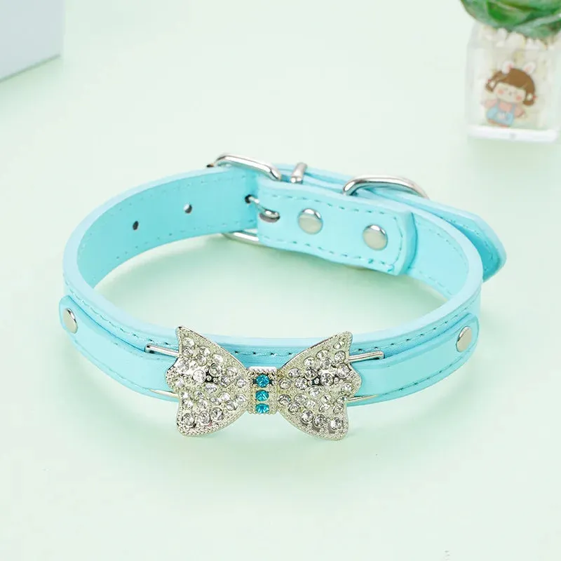 Diamond Studded Bowtie Leather Dog Collar - Adjustable Luxury Collars for Small and Medium Dogs & Cats