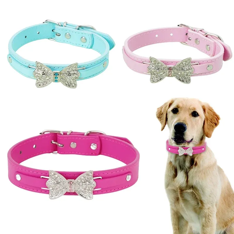 Diamond Studded Bowtie Leather Dog Collar - Adjustable Luxury Collars for Small and Medium Dogs & Cats