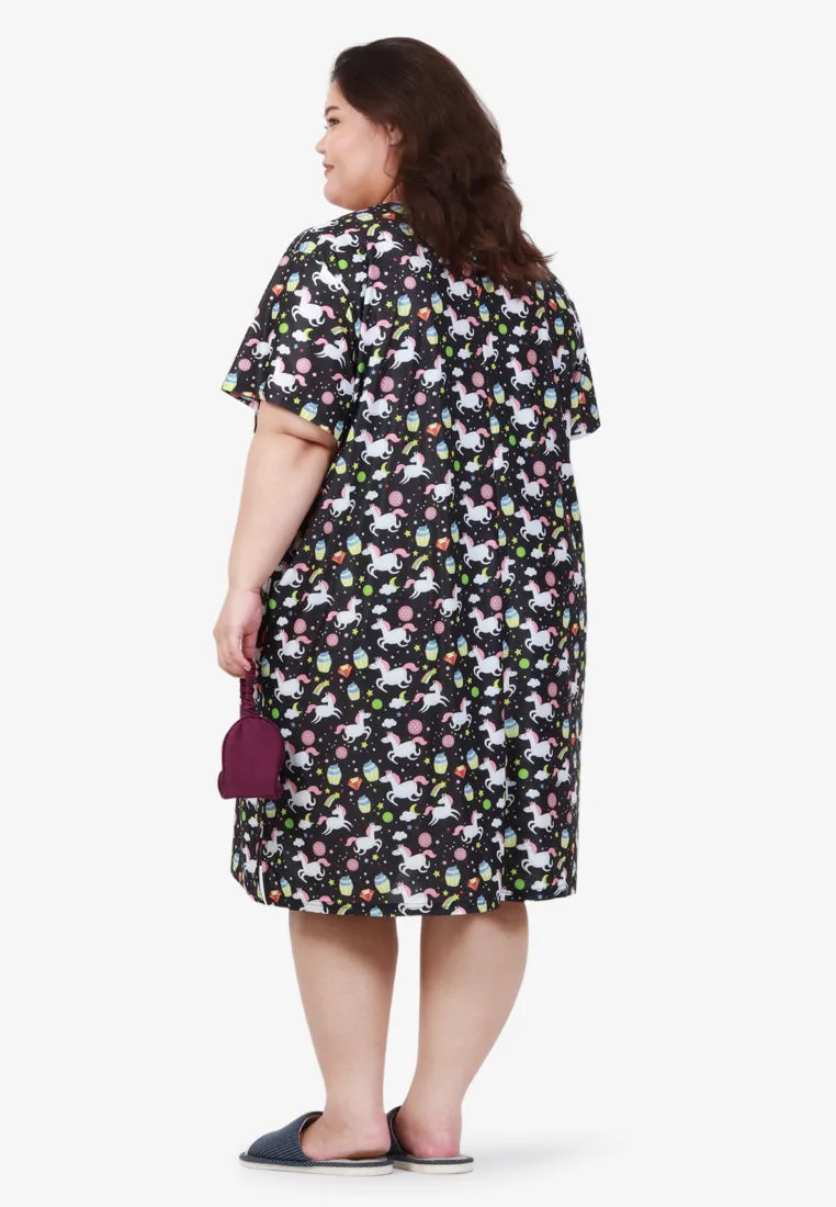 Divine Full Prints Unicorn Sleep Dress - Black