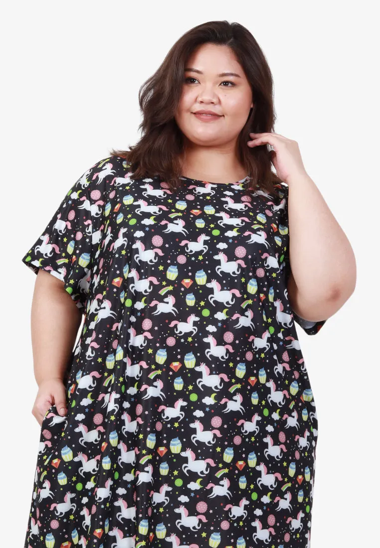 Divine Full Prints Unicorn Sleep Dress - Black