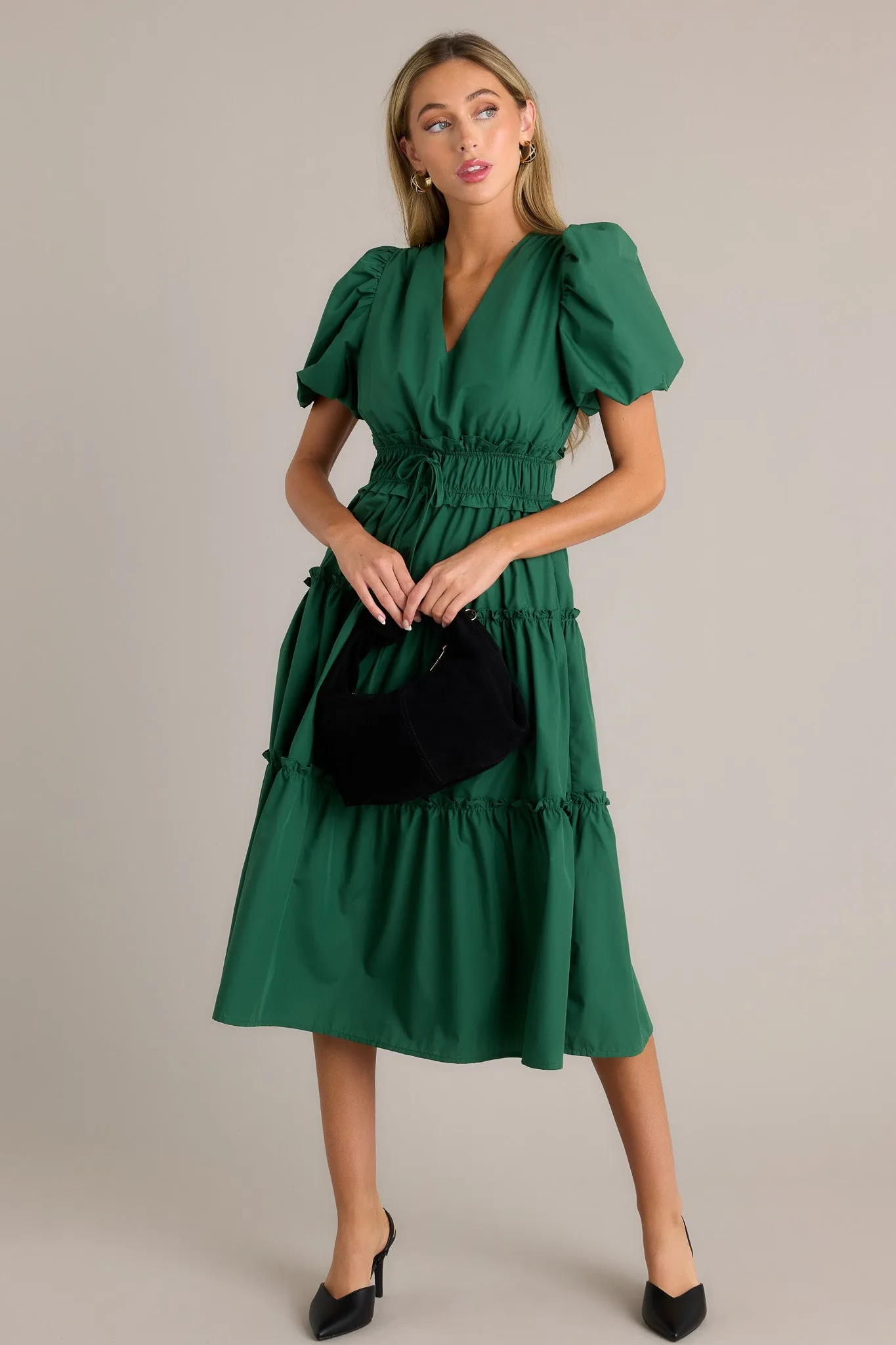 Easily Understood Hunter Green Puff Sleeve Midi Dress