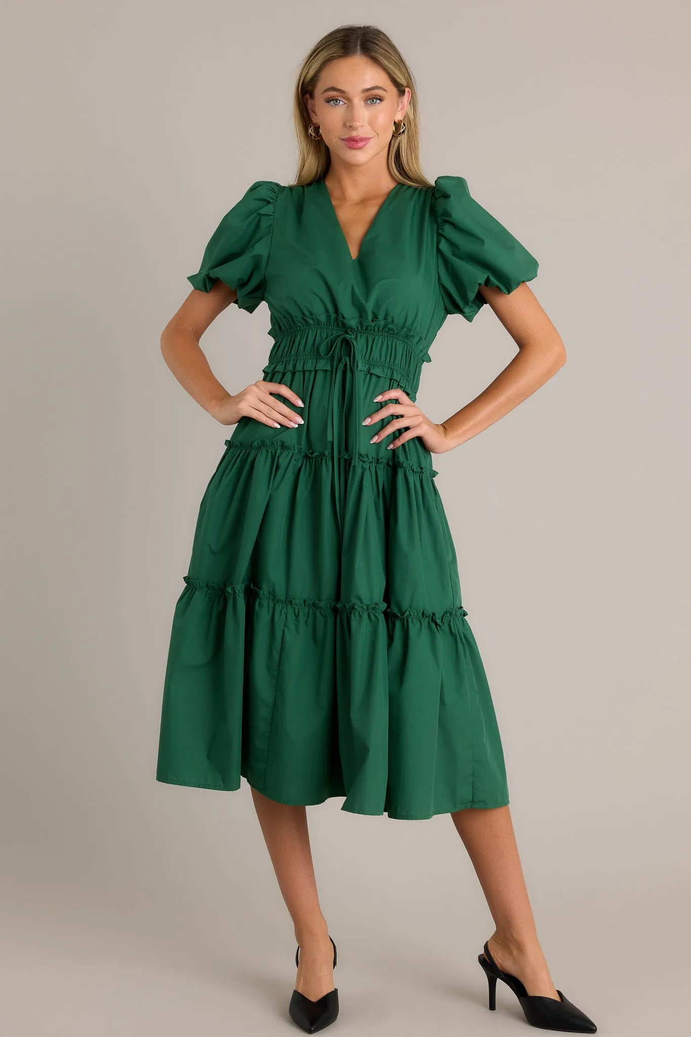 Easily Understood Hunter Green Puff Sleeve Midi Dress