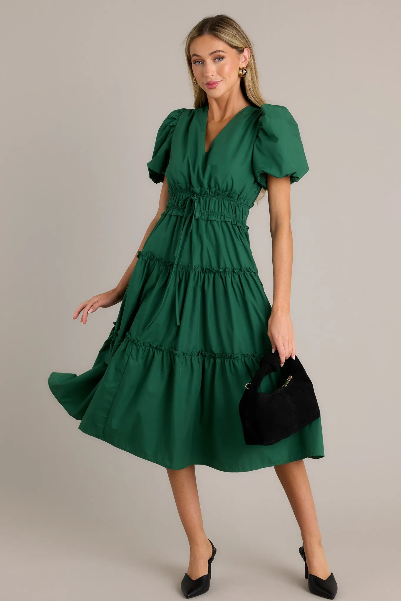 Easily Understood Hunter Green Puff Sleeve Midi Dress