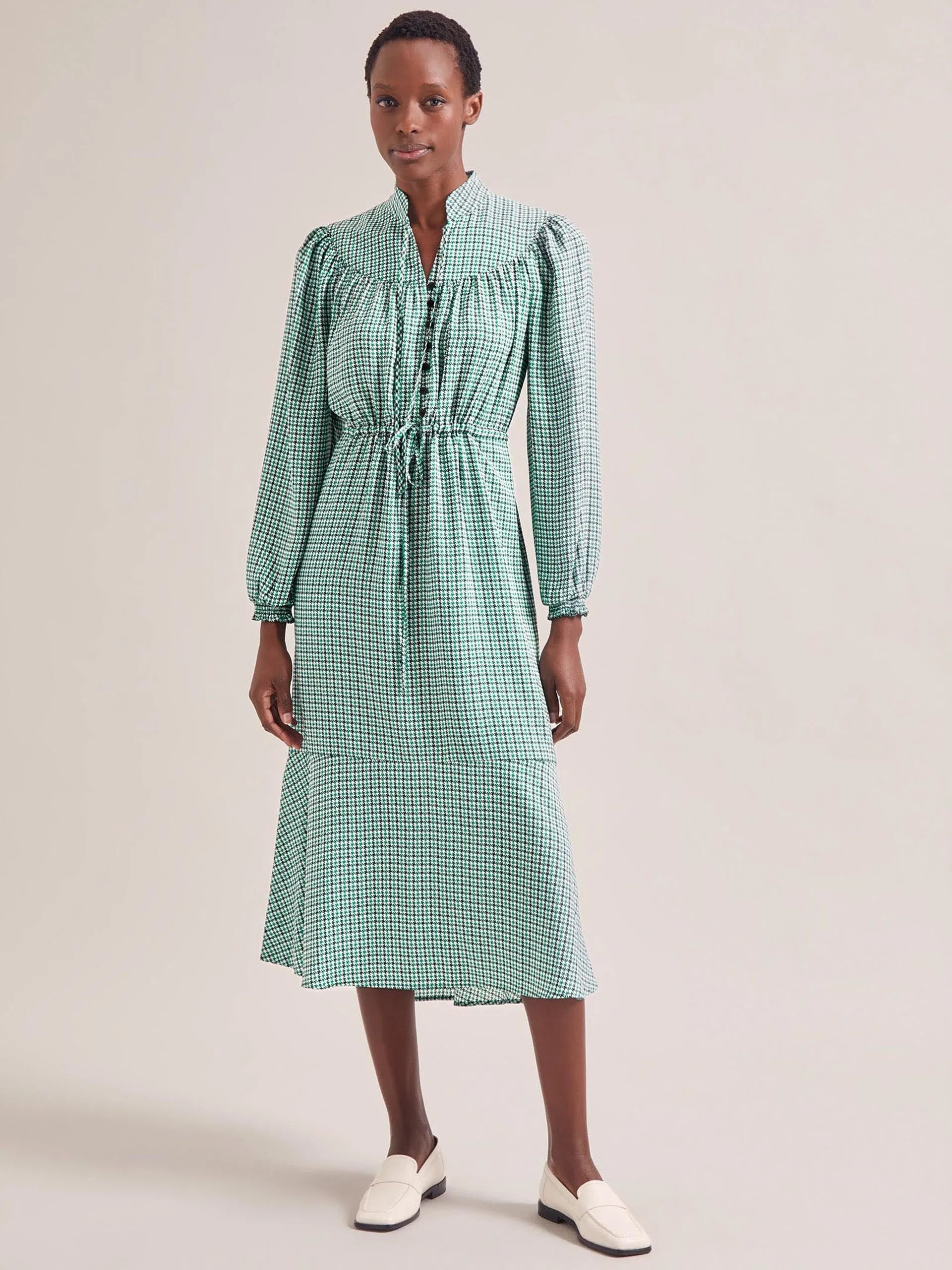 Ecru green houndstooth print Zahra midi dress