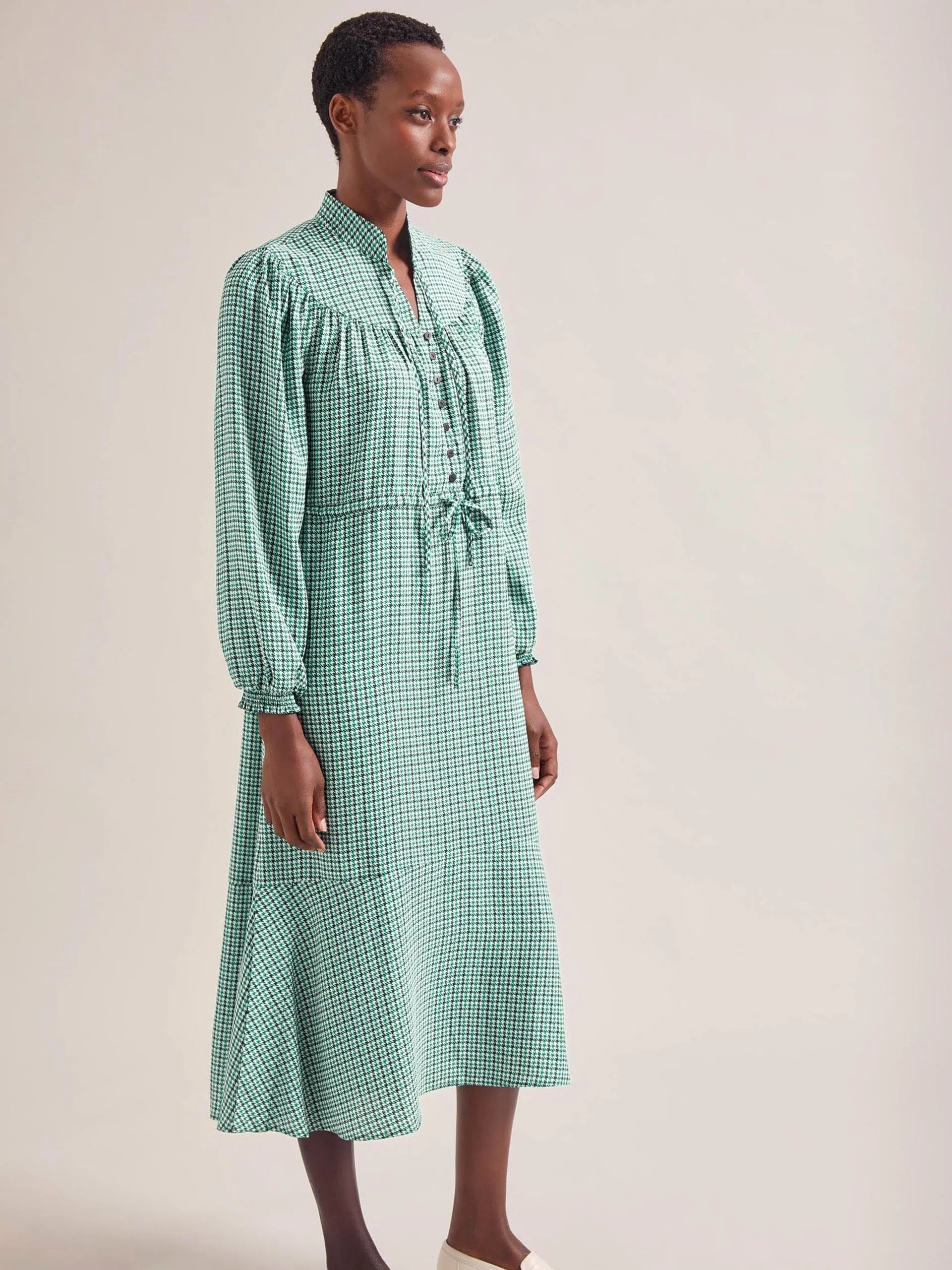 Ecru green houndstooth print Zahra midi dress