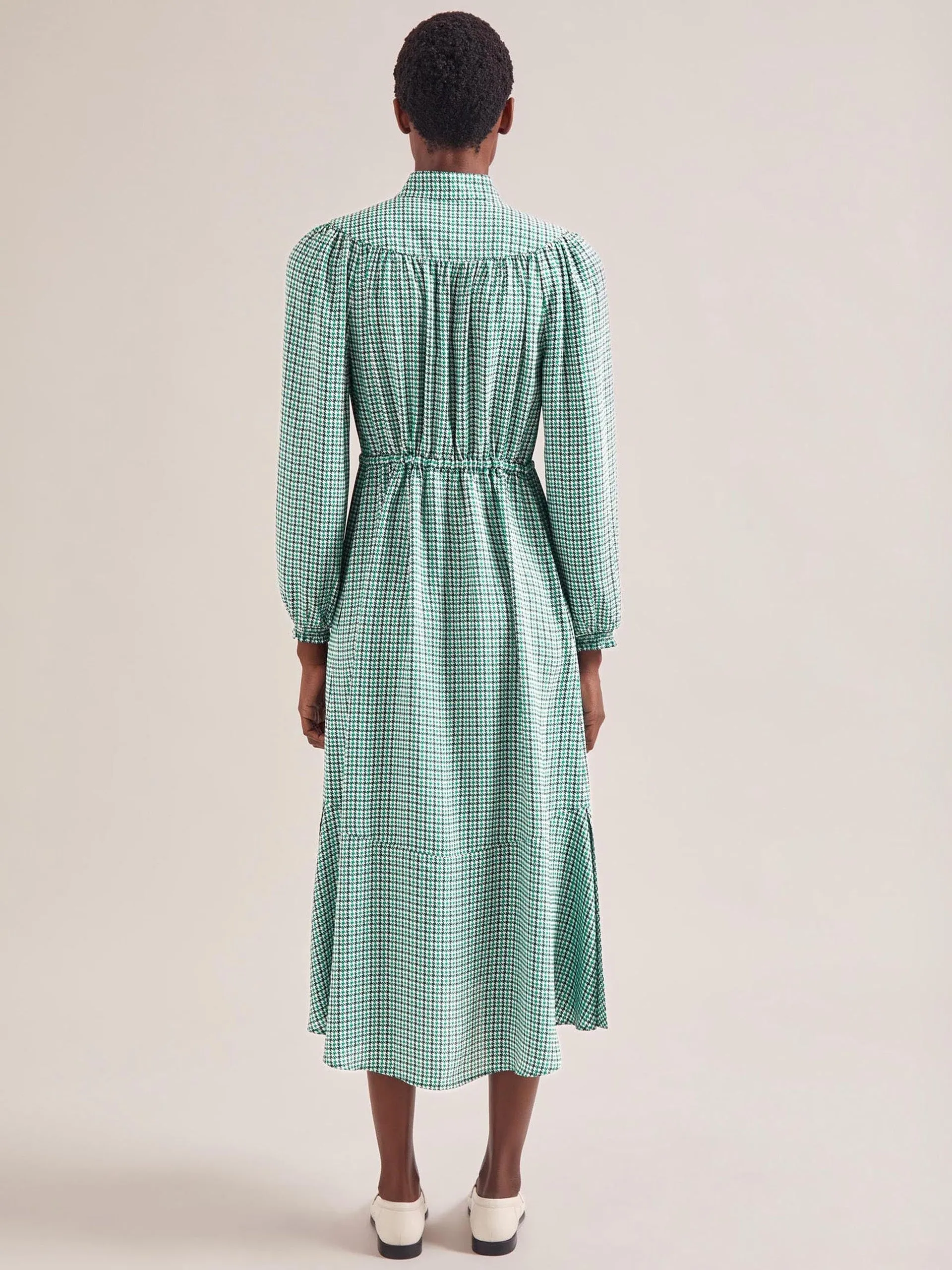 Ecru green houndstooth print Zahra midi dress